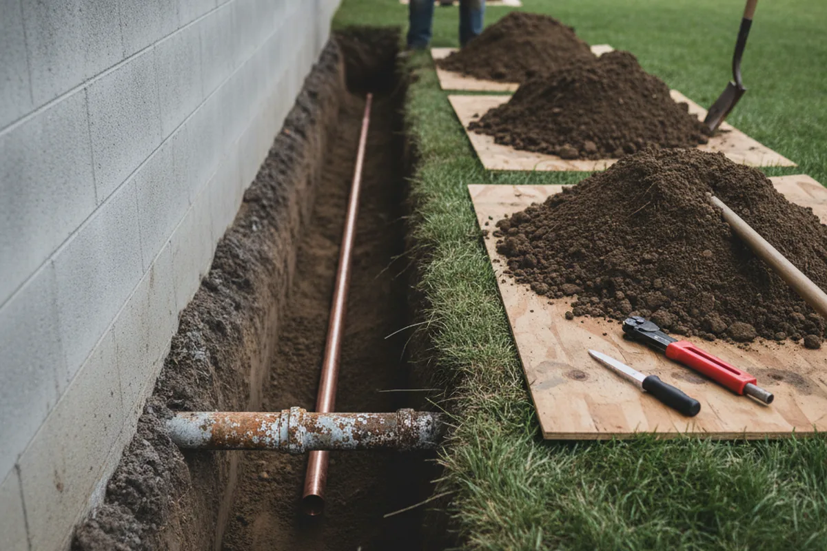 Excavated water line trench during Water Softener Installation in Newalla